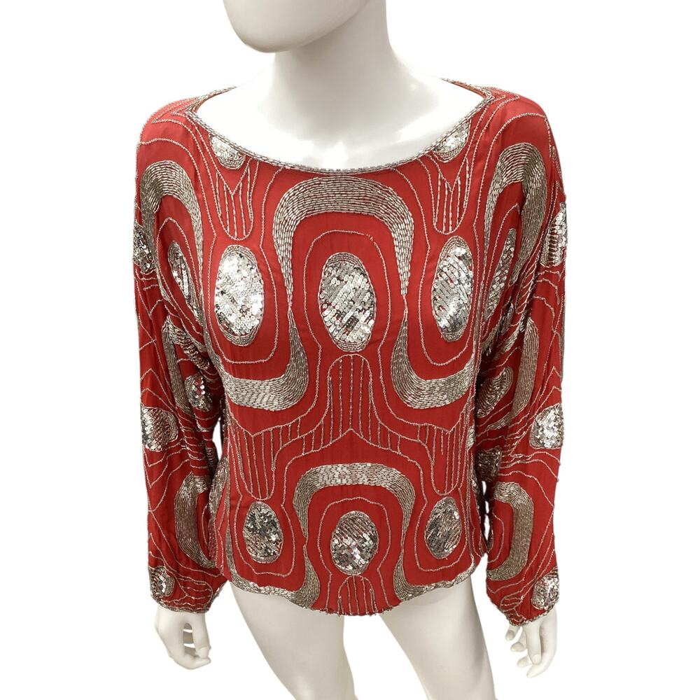 Vintage Giorgio Beverly Hills Top Women’s Size S/M Beaded Sequins Red And Silver